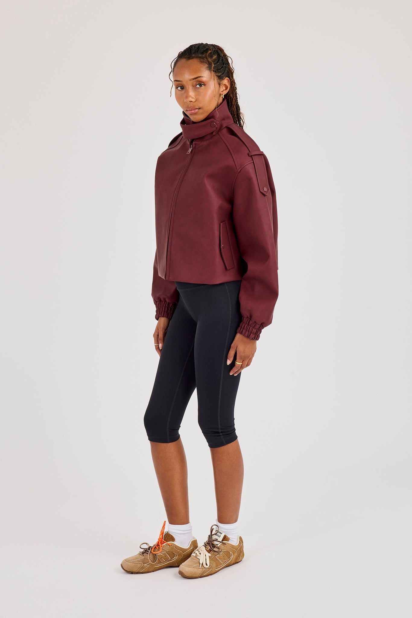 PU Funnel Neck Boxy Jacket - Oxblood Red